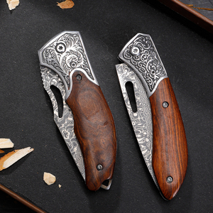 Cuchillo Plegable de Acero de Damasco para Defensa Personal, Portátil, con Mango de Madera, Cuchillo de Camping, DIY OEM, Gran Venta - Product Image 2