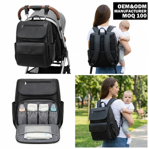 <span class=keywords><strong>Mochila</strong></span> Pañalera de Piel Vegana Negra PU Personalizada al por Mayor para Padres, Mamá y Bebé Recién <span class=keywords><strong>Nacido</strong></span> con Correas para Cochecito - Product Image 1