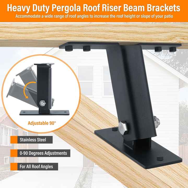 3-Pack Heavy Duty Pergola Brackets - Adjustable Roof Riser Beam Brackets For Patio Covers, Gazebos, Porches (Black)