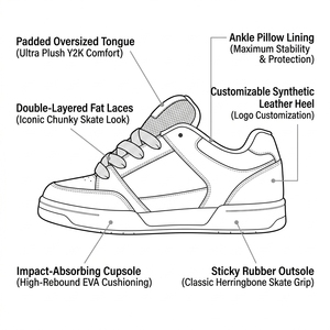 Baskets de skate basses rembourrées Y2K personnalisées avec lacets épais, en cuir imprimé graffiti, soutien de la voûte plantaire, respirantes et color block - Product Image 2