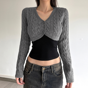 Cárdigan Corto de Punto Trenzado con Cuello en V y un Solo Botón, Estilo Preppy Europeo Americano, para Otoño e Invierno, Prenda de Punto Básica Informal - Product Image 3