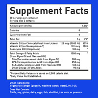 ODM OEM Oméga-3 végétalien DHA avec Vitamine D3 Vitamine K2 Acides gras oméga-3 totaux Soutient la fonction cérébrale, la santé cardiaque, oculaire et articulaire