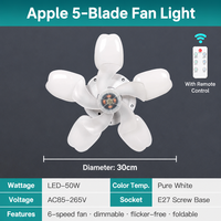 Ventilateur de plafond LED pliable à 5 pales avec télécommande, douille E27, pour chambre, maison, hôtel, usage intérieur