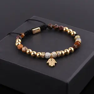 Stone Bead Bracelet New Luxury Design CZ Pave Hand Charm Natural Stone Tiger Eye Stainless Steel Custom Logo Adjustable Beads Bracelet Women