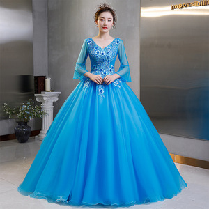 Blue Ethereal Long Evening Gown For Hostess Stage Performance Women Adult Tutu Skirt Polyester Fabric Lake Blue - Product Image 3