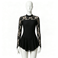 Robe de patinage artistique noire en dentelle à manches longues avec dos découpé pour filles et adultes, idéale pour les compétitions et spectacles sur glace