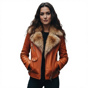 Women Sheepskin <b>Leather</b> <b>Jacket</b> Fur Collar Zipper Regular Fit Full Sleeve Outerwear for Autumn Winter - Product Image 3