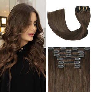 Extensions de <span class=keywords><strong>cheveux</strong></span> à clipser brun chocolat, <span class=keywords><strong>cheveux</strong></span> humains naturels, 120g 8 pièces 18 pouces, doux et naturellement lisses, double trame pour femmes - Product Image 1