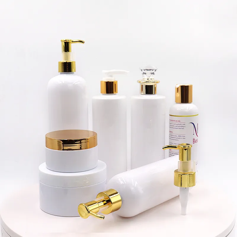 Luxus Weißgold Kosmetik Körper Butter Creme Glas Set 2 Unzen 4 Unzen 6 Unzen 8 Unzen Shampoo Pump Flasche mit Gold Disc Top Cap