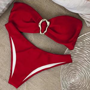 Solid Color 2025 Textured Triangle One-Shoulder Women <b>Bikini</b> <b>Set</b> Bowknot 2 Piece Custom Quick Dry Push V-<b>Strings</b> Swimsuit - Product Image 2