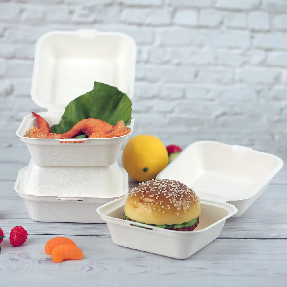 Factory Direct Sugarcane Pulp Biodegradable Disposable Food Containers Wholesale Hamburger Box Packaging