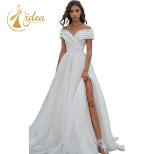 2022 Off Shoulder A-line Chiffon Wedding Dress Simple Sexy V-neck Wedding Dress