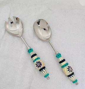 Cuillère à mélanger pour thé et café, couleur argent, en acier inoxydable plaqué, avec émail, long manche, cuillère à dessert, mariage, Inde, lot de 3 pièces - Product Image 4
