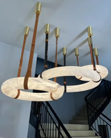 Lustre moderne minimaliste de luxe, luminaire suspendu en albâtre espagnol avec corde en cuir pour salon, chambre à coucher, hôtel