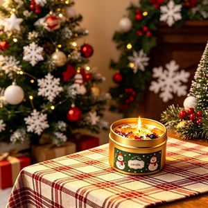 Bougie parfumée de Noël en cire de soja écologique avec logo personnalisé, dans une boîte en métal doré avec des fleurs séchées et des accents ambrés, ensemble cadeau de décoration de Noël - Product Image 2