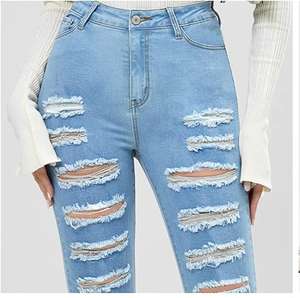 Jeans déchirés à l'avant et aux poches, ourlet effiloché, jeans de haute qualité pour femmes, taille haute, bleu clair, jeans décontractés, jeans skinny évasés pour femmes - Product Image 6