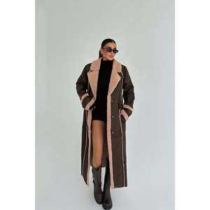 Abrigo de Mujer Marrón Oscuro con Detalle de Botones, Cierre de Cremallera, Capucha, Largo, Impermeable, Estampado Teñido, Otoño-Primavera, Talla XL - Product Image 2