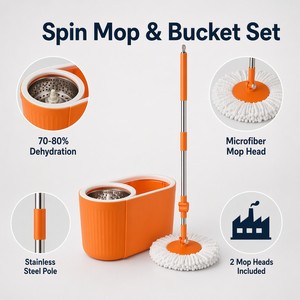 Serpillère rotative en microfibre à 360° avec manche télescopique en acier inoxydable, longueur réglable, nettoyeur de sol haute capacité - Product Image 2