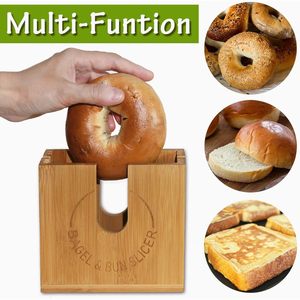 Bamboo Bagel & Bun Slicer Wooden <b>Bread</b> Cutter Rack For Kitchen Use With Stainless Steel <b>Knife</b> 12 In Blade - Product Image 4