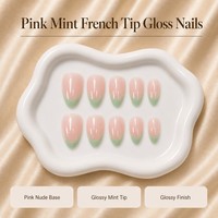 Y97 Kaixin Faux ongles à presser vert menthe French Manucure, courts, forme amande arrondie, base rose nude, Nail Art