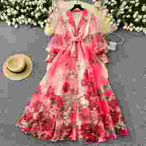 Vestido Midi Tipo Blazer con Cuello de Solapa para Mujer, Invierno 2024, Manga Farol, Estampado, con Encaje, Color Rojo - Product Image 1