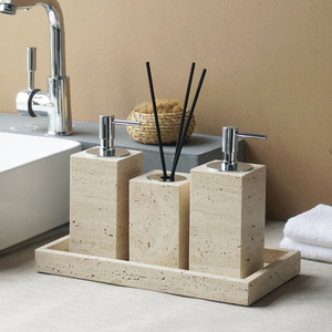 STONEKOCC Juego de <span class=keywords><strong>Baño</strong></span> de Travertino Moderno y Ecológico de Ocho Piezas Personalizado para Decoración y Almacenamiento en Baños Domésticos, en Stock - Product Image 3