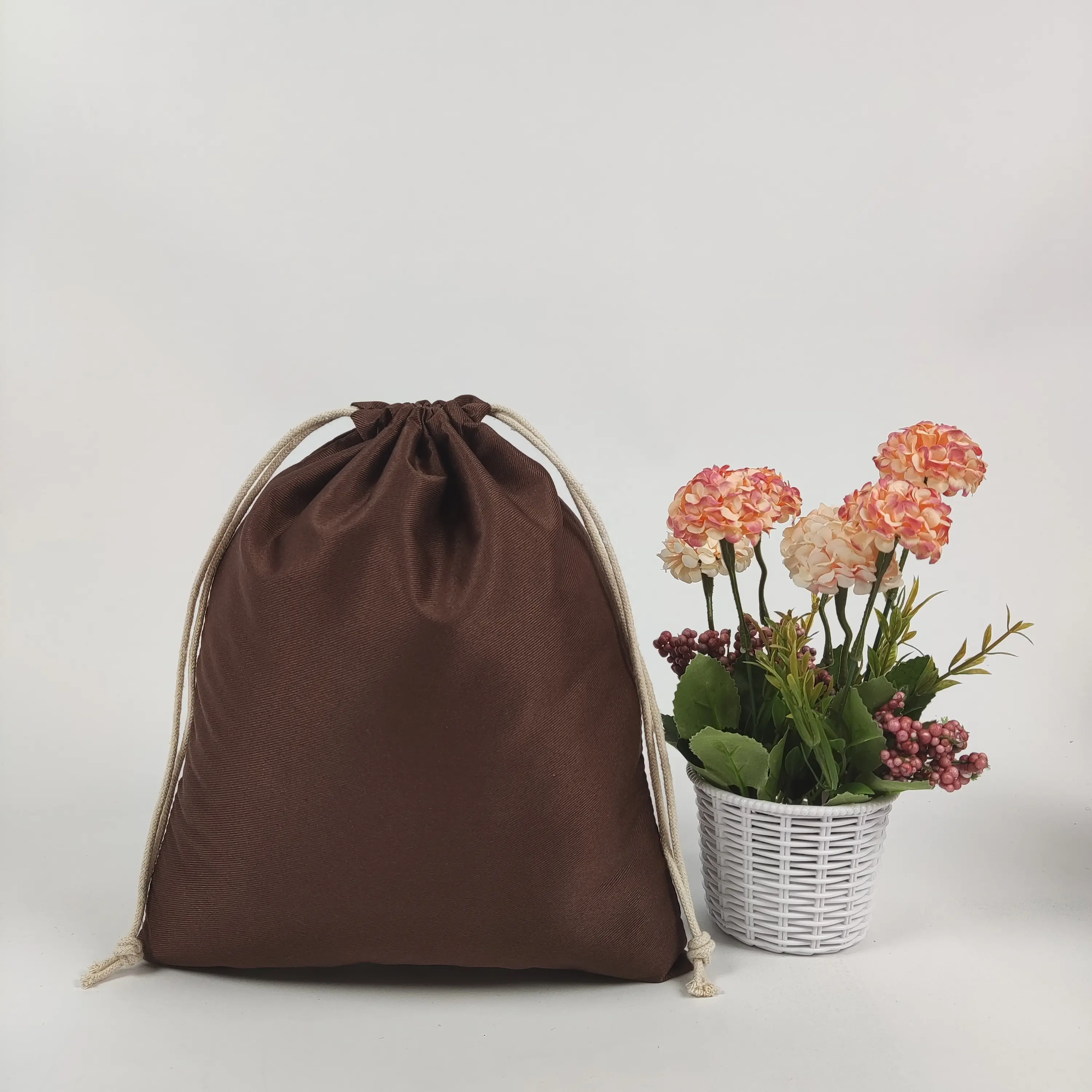 Friendly Gift Small Cotton Canvas Drawstring Bag Brown Polyester Fabric Bag Gift Bags With Drawstring