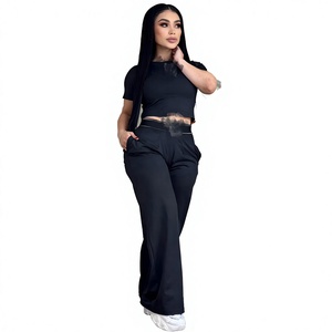 Nouvel ensemble tendance d'été décontracté et écologique à col rond, coupe ample, pour le quotidien, avec haut court et pantalon large à manches courtes - Product Image 4