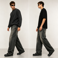 Jean large gris délavé pour homme, coupe décontractée, denim anthracite foncé délavé, vente en gros OEM