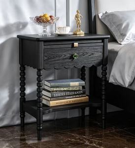Vintage <b>Black</b> French Durable Wooden Nightstand with Drawer and Open Shelf Multi-purpose Bedroom <b>Bedside</b> Table - Product Image 3