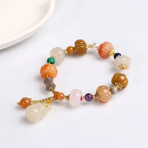 Natural golden silk jade bracelet, pumpkin beads, bamboo knot hanging gourd PIYAO pendant lucky charm bracelet