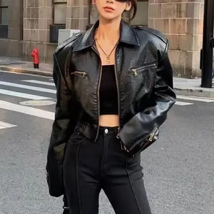 2024 New Fashion Street Motorcycle Jacket Zipper Crop Jacket Short Collect Waist Cow Leather Jacket