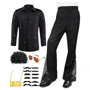 Costume d'Halloween vintage années 60-70 style <span class=keywords><strong>hippie</strong></span>, pantalon à paillettes, haut, pantalon pattes d'éléphant pour homme, tenue brillante pour chanteur <span class=keywords><strong>de</strong></span> discothèque et danseur - Product Image 3
