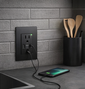 Prise murale américaine <span class=keywords><strong>LE</strong></span> en verre noir 6 broches avec prise de charge rapide USB Type A et Type C 20W, 15A, 2 sorties, IP24, 110-250V - Product Image 3