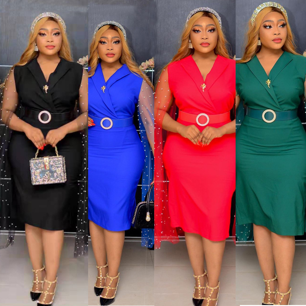 Женское однотонное офисное платье, повседневное облегающее платье миди большого размера с бусинами и v-образным вырезом, лето 2021