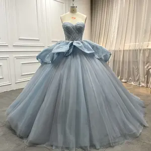 실제 그림 Quinceanera 15 볼 가운 연인 목선 민소매 삽입 레이스 주름 레이스 블루 파티 무도회 드레스