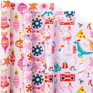 Rouleaux de papier cadeau de Noël rose 17x120 pouces, papier artistique double face, flocons de neige, clochettes, animaux mignons, ensemble de papier cadeau pour enfants - Product Image 1