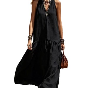 V Neck Sleeveless Solid Color <b>Dress</b> Elastic Waist Loose Fit Casual <b>Maxi</b> <b>Dress</b> For Women Black And <b>Purple</b> Smlxlxxl - Product Image 5