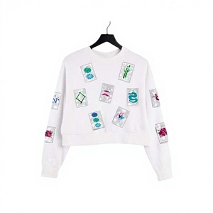Women White Crew Neck Sweatshirt <b>Long</b> <b>Sleeve</b> Embroidered Patchwork Applique Casual Knit <b>Top</b> - Product Image 4