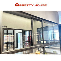 Fenêtre coulissante de cuisine moderne à 3 rails en alliage d'aluminium avec double vitrage trempé, persienne et moustiquaire en acier inoxydable, fonction coupe-vent