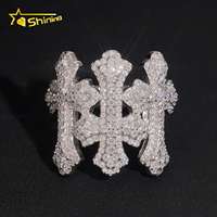 Nouvelle conception RTS, bague en moissanite certifiée GRA VVS, argent sterling 925 véritable, bague hip-hop sertie de pierres, bague triple croix en moissanite pour homme