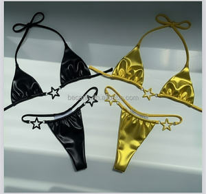 2025 Euro-American Trendy Satin Zweiteiliger Badeanzug für Damen im Baudeau-Stil Stilvolle, solide Bikini Triangle Beach wear Factory - Product Image 3