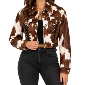 Women's Brown White Cow Print Genuine Leather <b>Trucker</b> <b>Jacket</b> Full Sleeve Lace Up Turn Down Collar Short Fit Autumn Style - Product Image 1