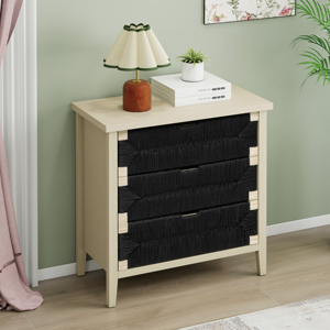 Luxury Solid Wood 3-Drawer Buffet <b>Sideboard</b> Adjustable Shelves Hand-Woven Rope Drawers <b>Storage</b> Cabinet for Living Room Kitchen - Product Image 2