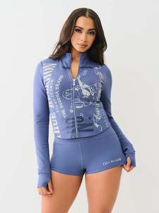 Conjunto Deportivo de Verano 2026 para <span class=keywords><strong>Mujer</strong></span>, Diseño Vintage, <span class=keywords><strong>Chaqueta</strong></span> con Cierre y Pantalones Cortos Ajustados, Dos Piezas - Product Image 3