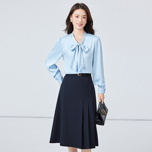 Women's Light Blue Satin Blouse With Tie Neck Long Sleeve Work Shirt For Office Formal Wear - Product Image 1