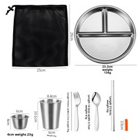 Ensemble de vaisselle moderne et minimaliste en acier inoxydable 304 pour enfants, avec assiette à trois compartiments, tasse et plat à condiments, idéal pour l'extérieur