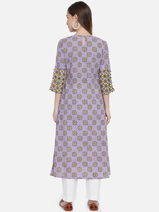 Ensemble Kurti pour femme, violet à motifs floraux, imprimé à la main, col en V, manches longues, avec broderie, coupe ample, style décontracté toutes saisons - Product Image 6