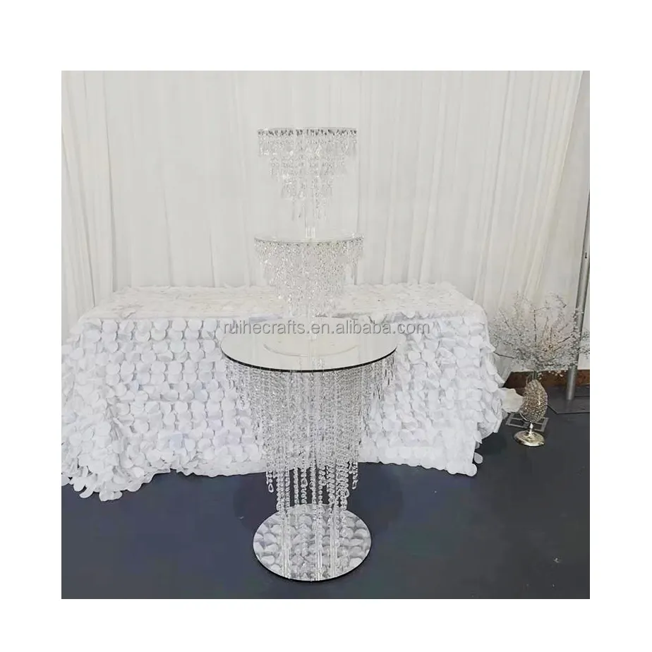 Mesa de sobremesa de casamento com espelho redondo dourado, mesa de bolinho para bolos de casamento, contas de cristal transparente prateado