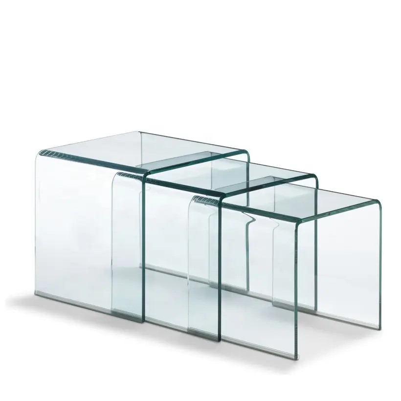 Mesita de centro de vidrio templado para sala de estar, juego de anidación de vidrio curvado, 3 niveles